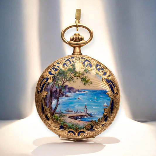 Omega Rare Gold Enameled Handcrafted Art Nouveau Pocket Watch  ca 1915'