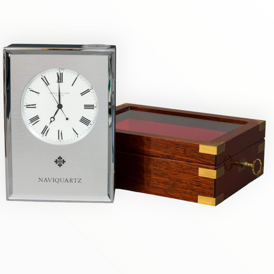 Patek Philippe Naviquartz Table clock in its original Patek mahogany case Ref. 1200 Rare