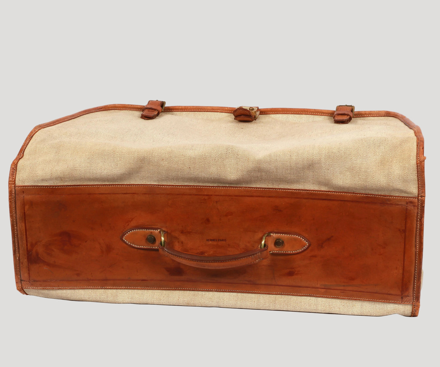 fine and rare Hermès Paris Collector Garment Vintage&nbsp; in “H” canvas and natural Barénia renowned for its rich patina and exceptional quality, finished with the Maison’s signature white saddle stitching