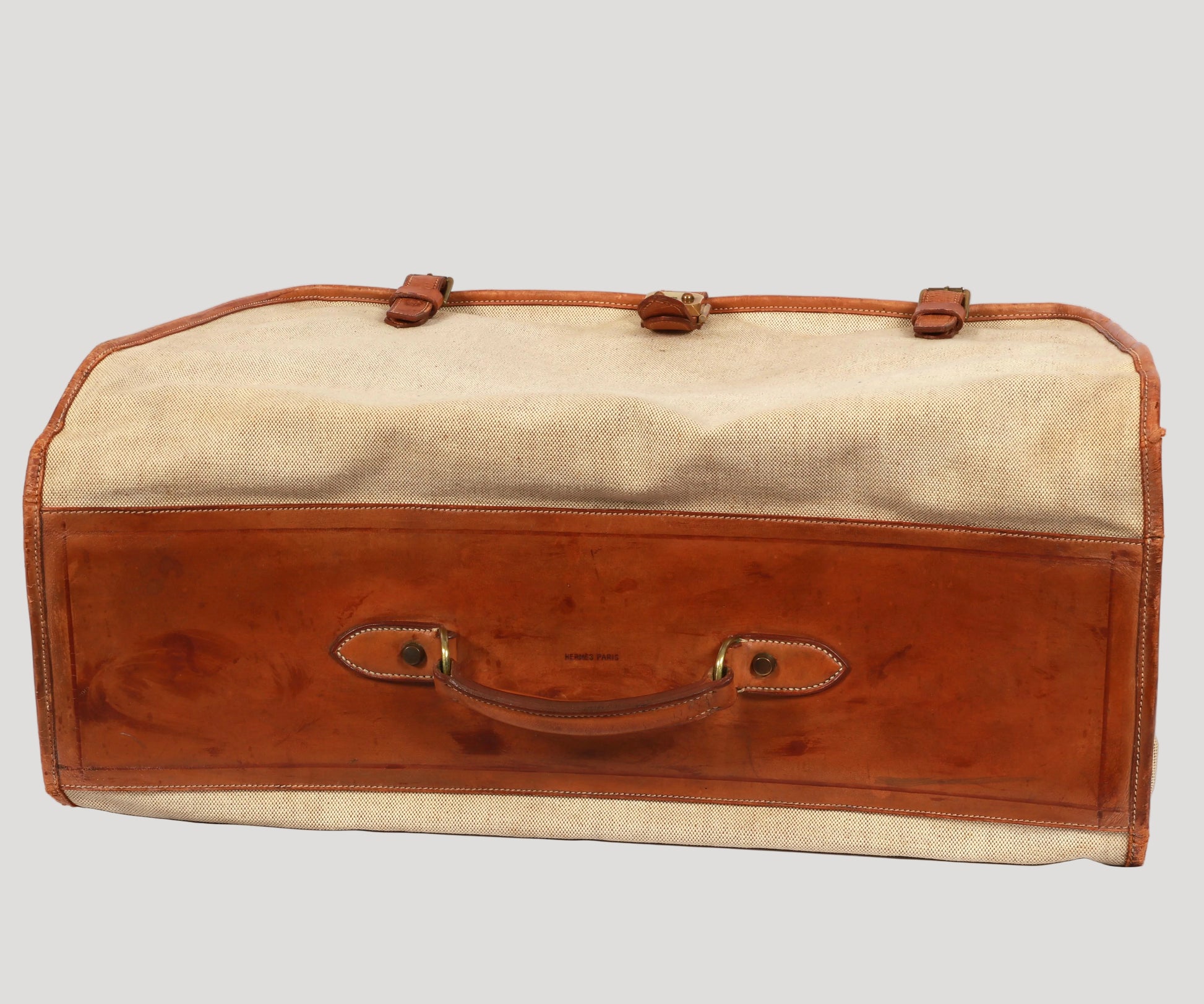 fine and rare Hermès Paris Collector Garment Vintage&nbsp; in “H” canvas and natural Barénia renowned for its rich patina and exceptional quality, finished with the Maison’s signature white saddle stitching