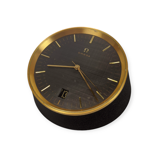 OMEGA, Modernist Brass & Black Metal Table clock
