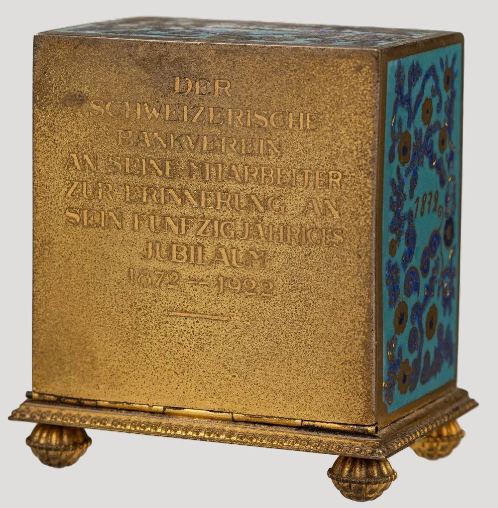 Zenith Rare Historical Art Deco Enameled Desk Clock ca 1920' with original box ,Commemorating 50th anniversary of the Swiss Bank Corporation