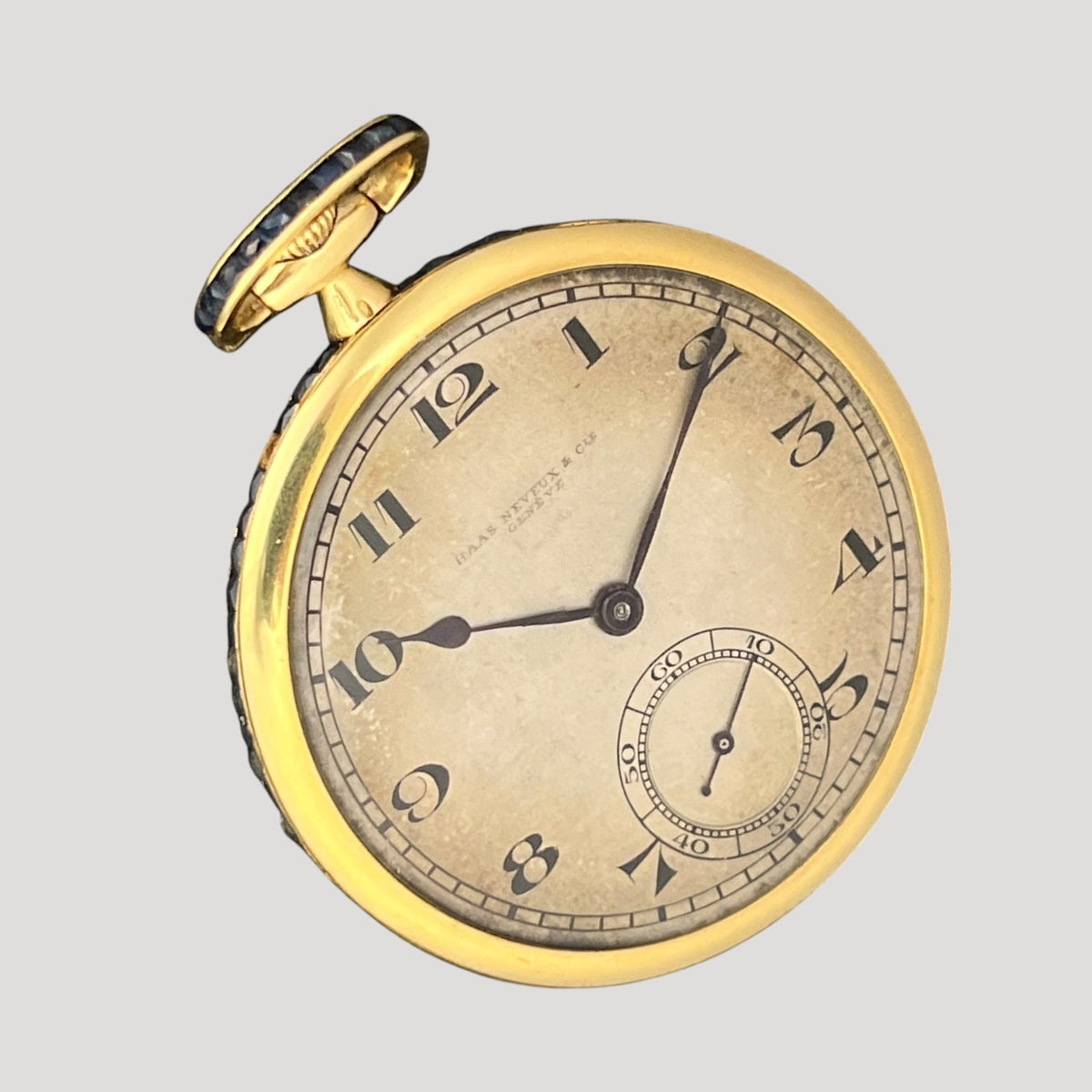 Haas Neveux Genève Art Deco 18k Gold Pocket Watch / Taschenuhr / Montre de poche set with sapphires ca 1920