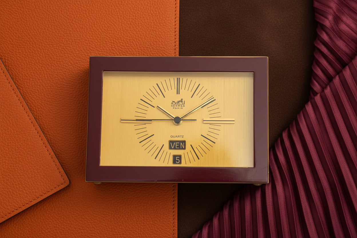 Hermès Art Deco Gilt brass and burgundy painted brass desk clock / horloge