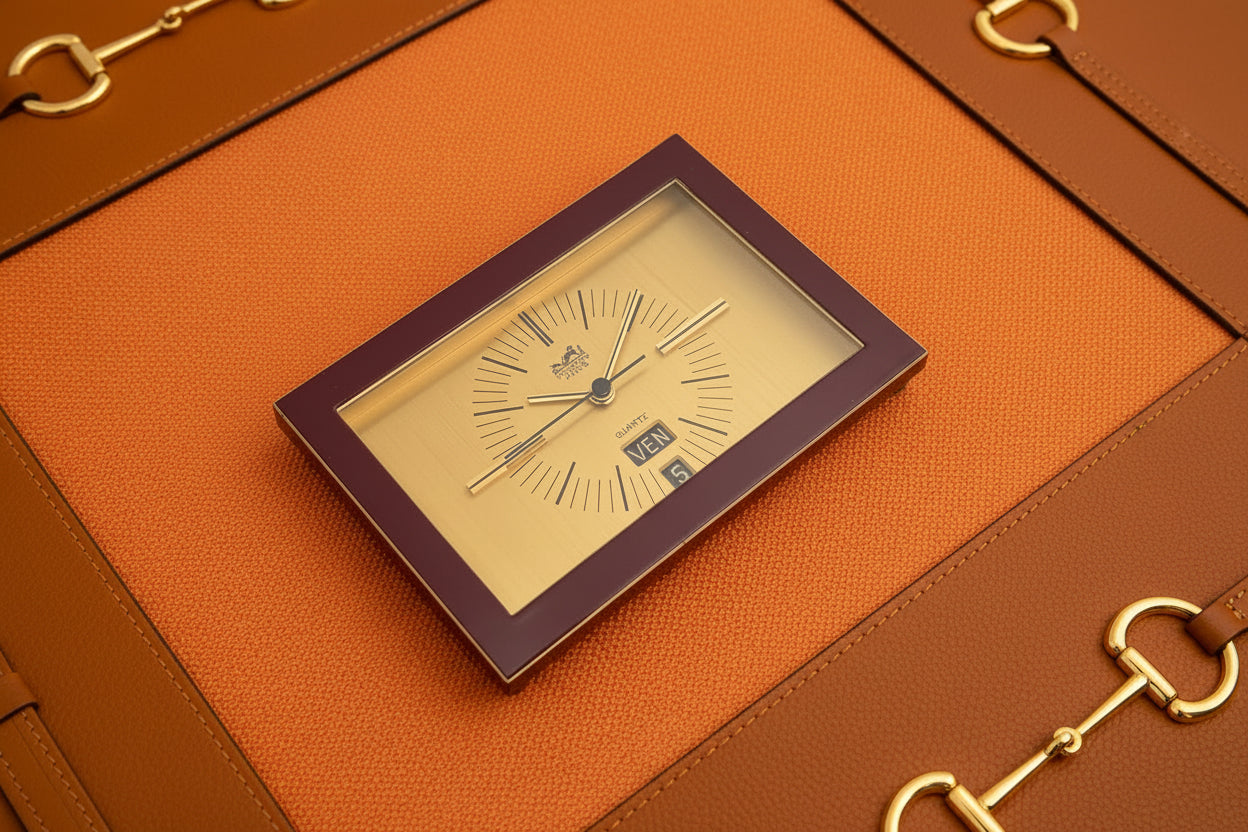 Hermès Art Deco Gilt brass and burgundy painted brass desk clock