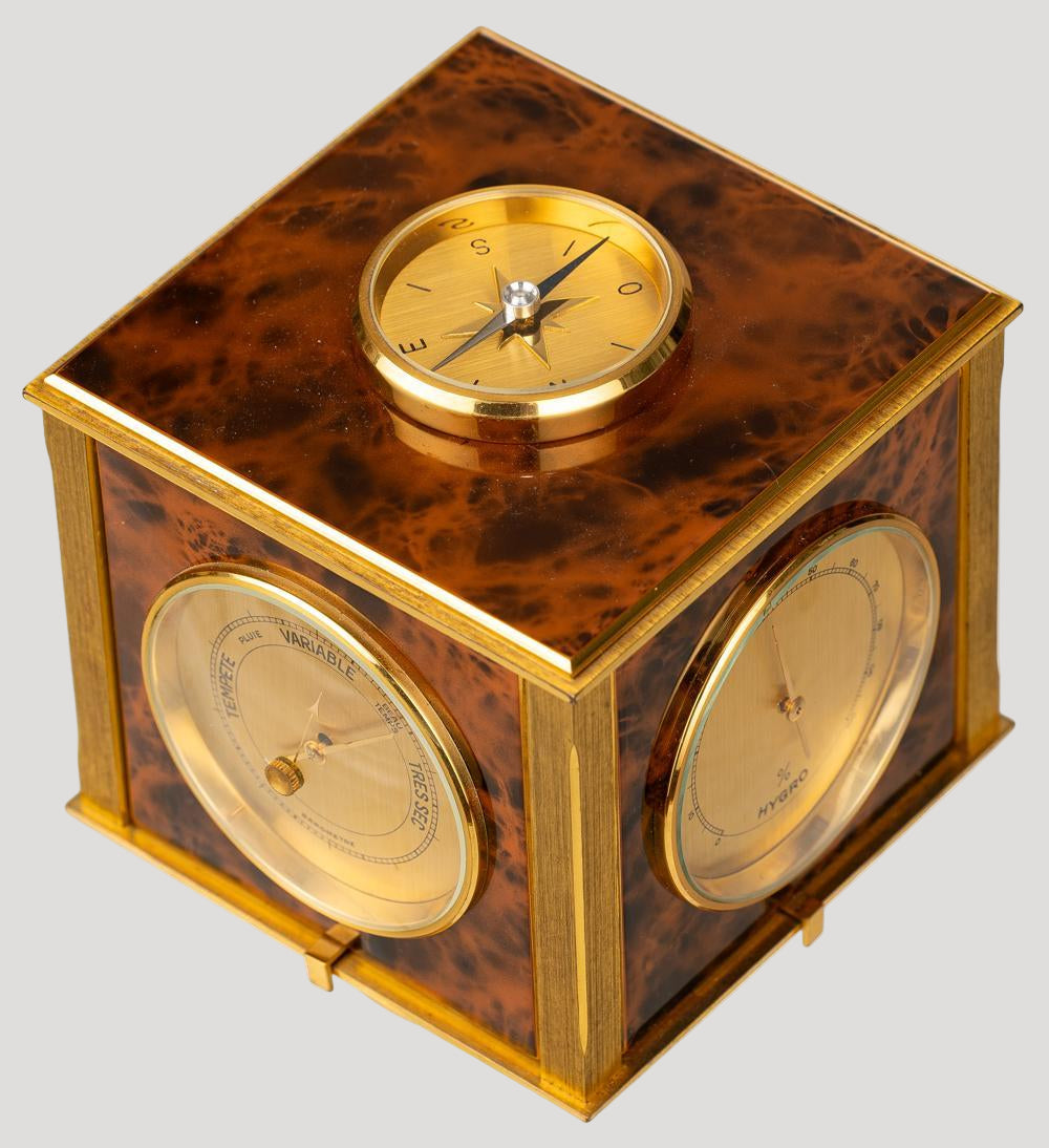 Hermes Barometer Desk Clock Horloge Tischuhr with Rotating square case 1980'