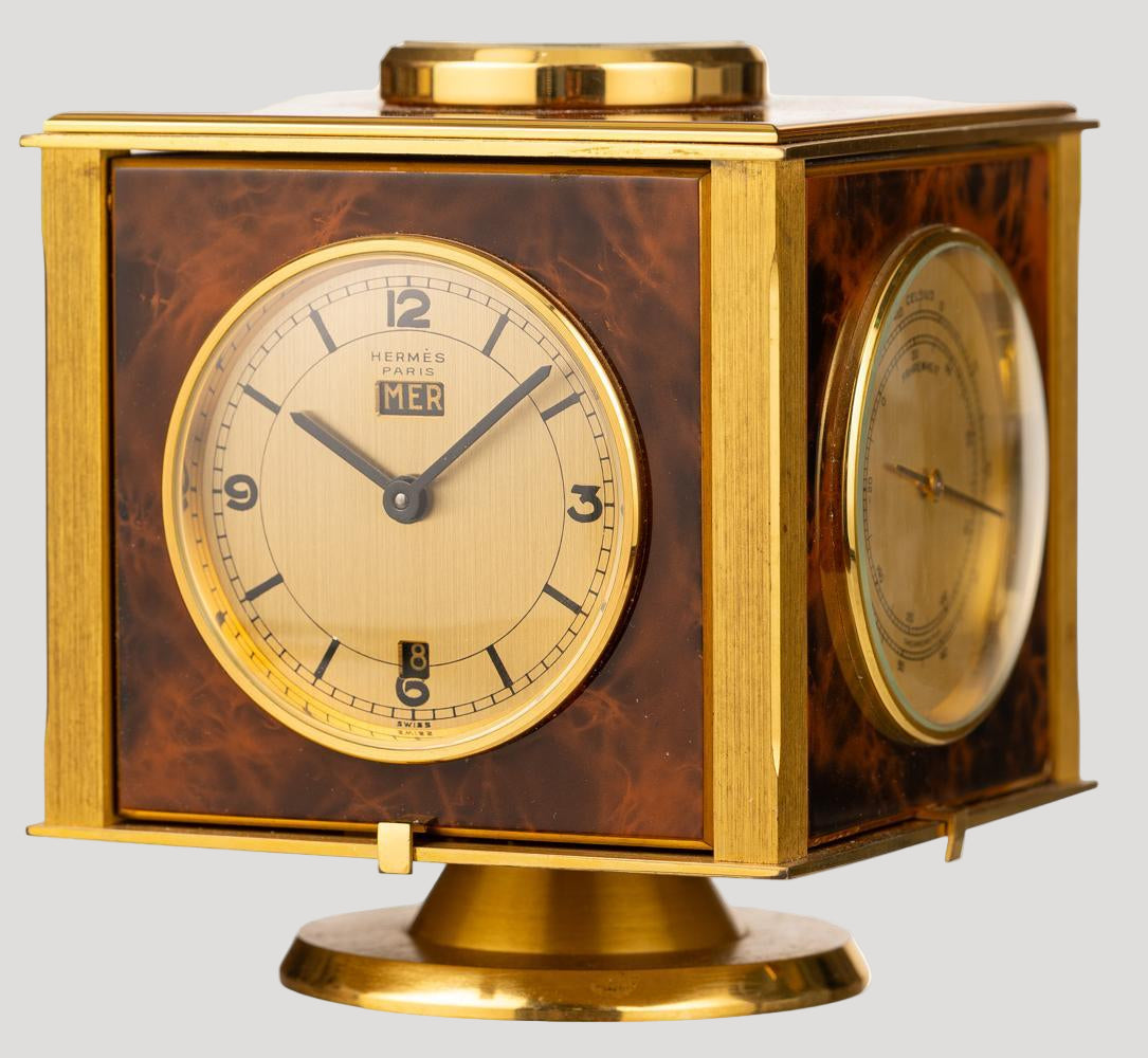 Hermes Barometer Desk Clock Horloge Tischuhr with Rotating square case 1980'