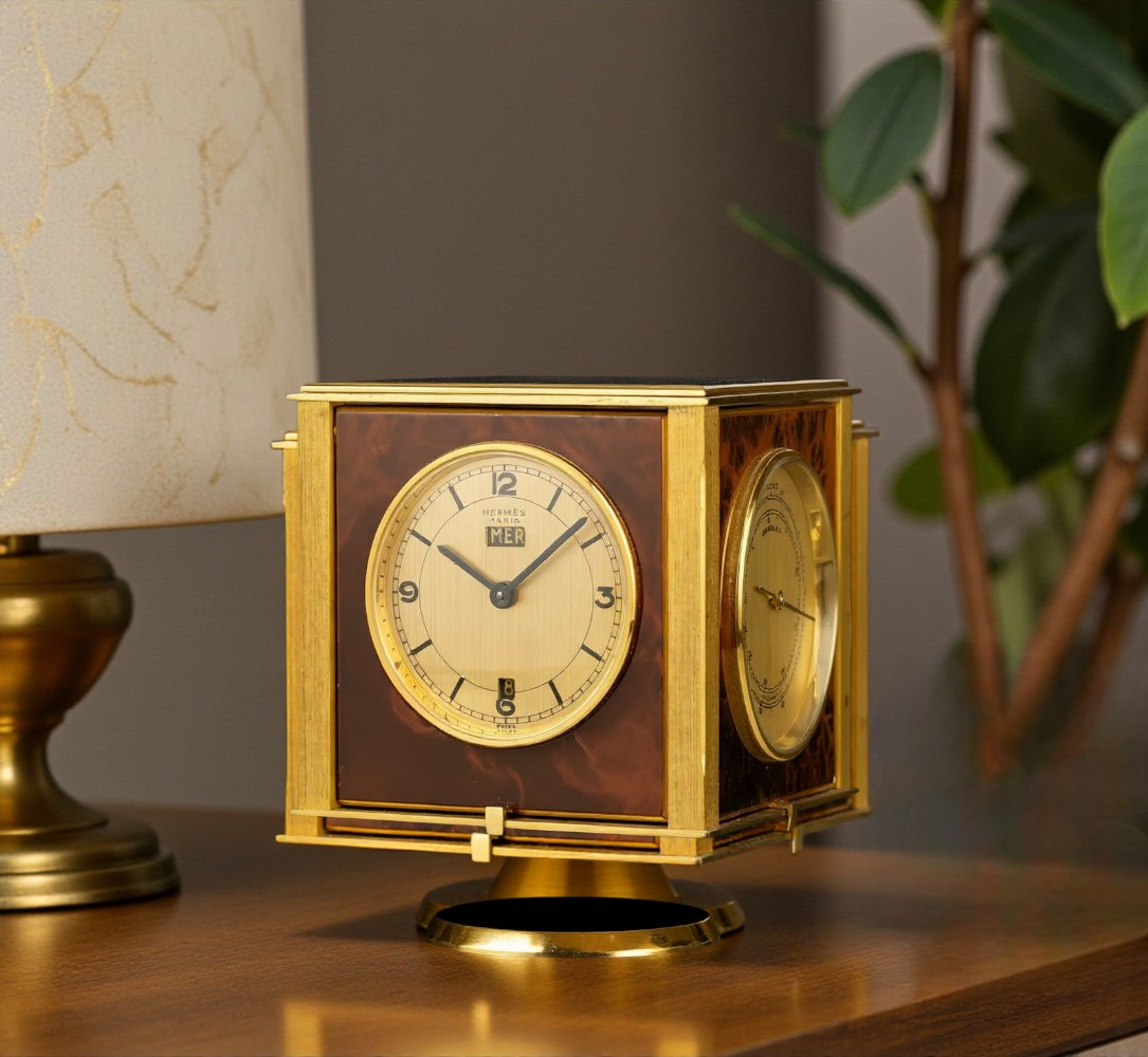 Hermes Barometer Desk Clock Horloge Tischuhr with Rotating square case 1980'