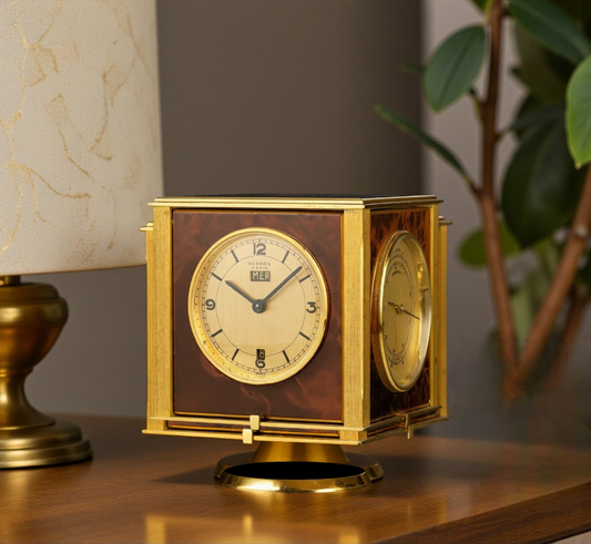 Hermes Barometer Desk Clock Horloge Tischuhr with Rotating square case 1980'