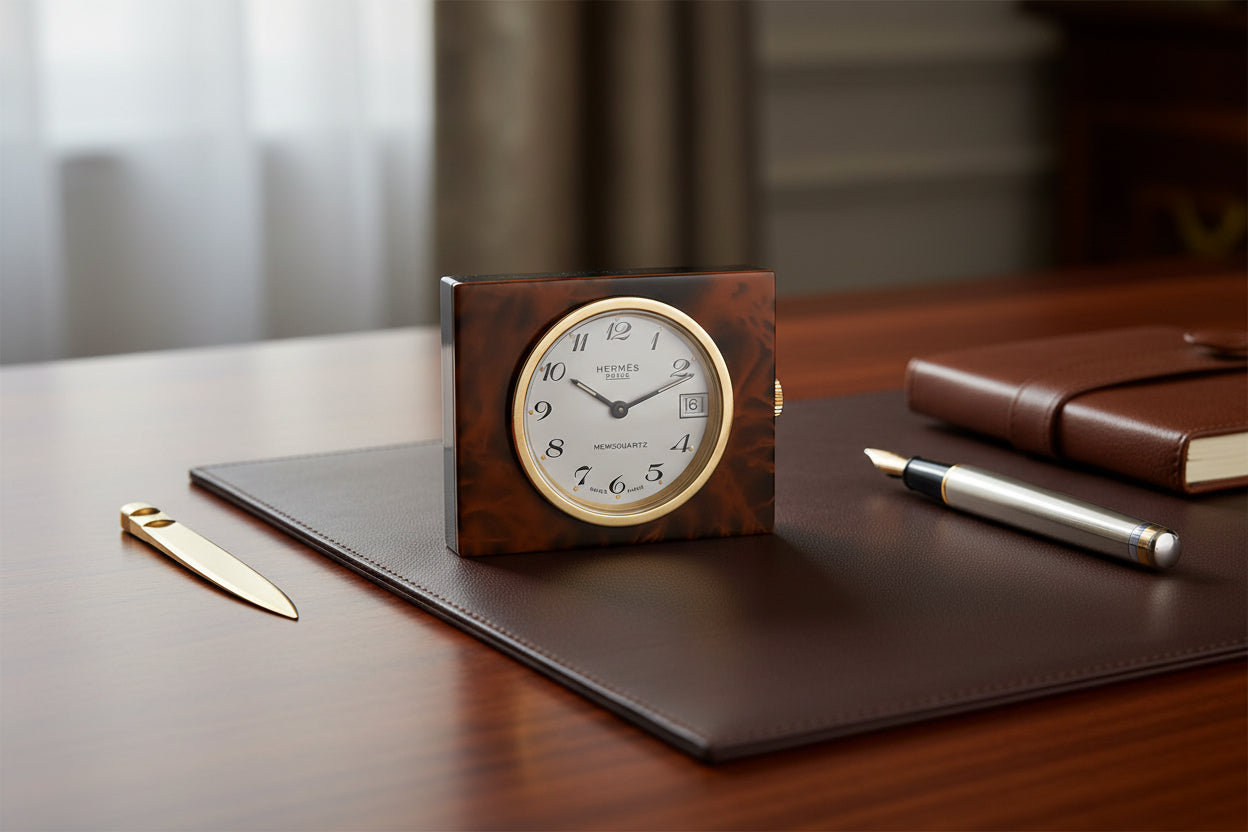 Hermes Paris Marbled Tortoiseshell-effect Travel Clock Horloge/ Reiseuhr in its original case