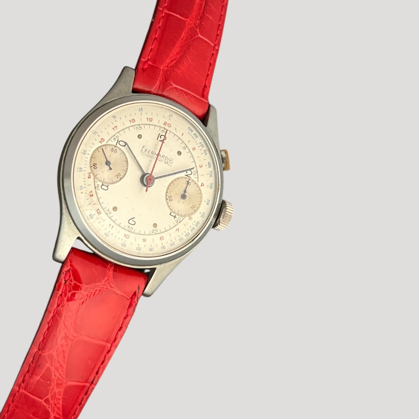 Large Eberhard vintage push-button chronograph Valjoux 65 steel watch 1940'