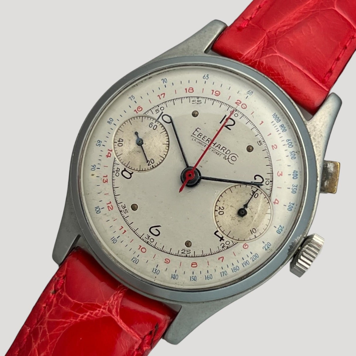 Large Eberhard vintage push-button chronograph Valjoux 65 steel watch 1940'