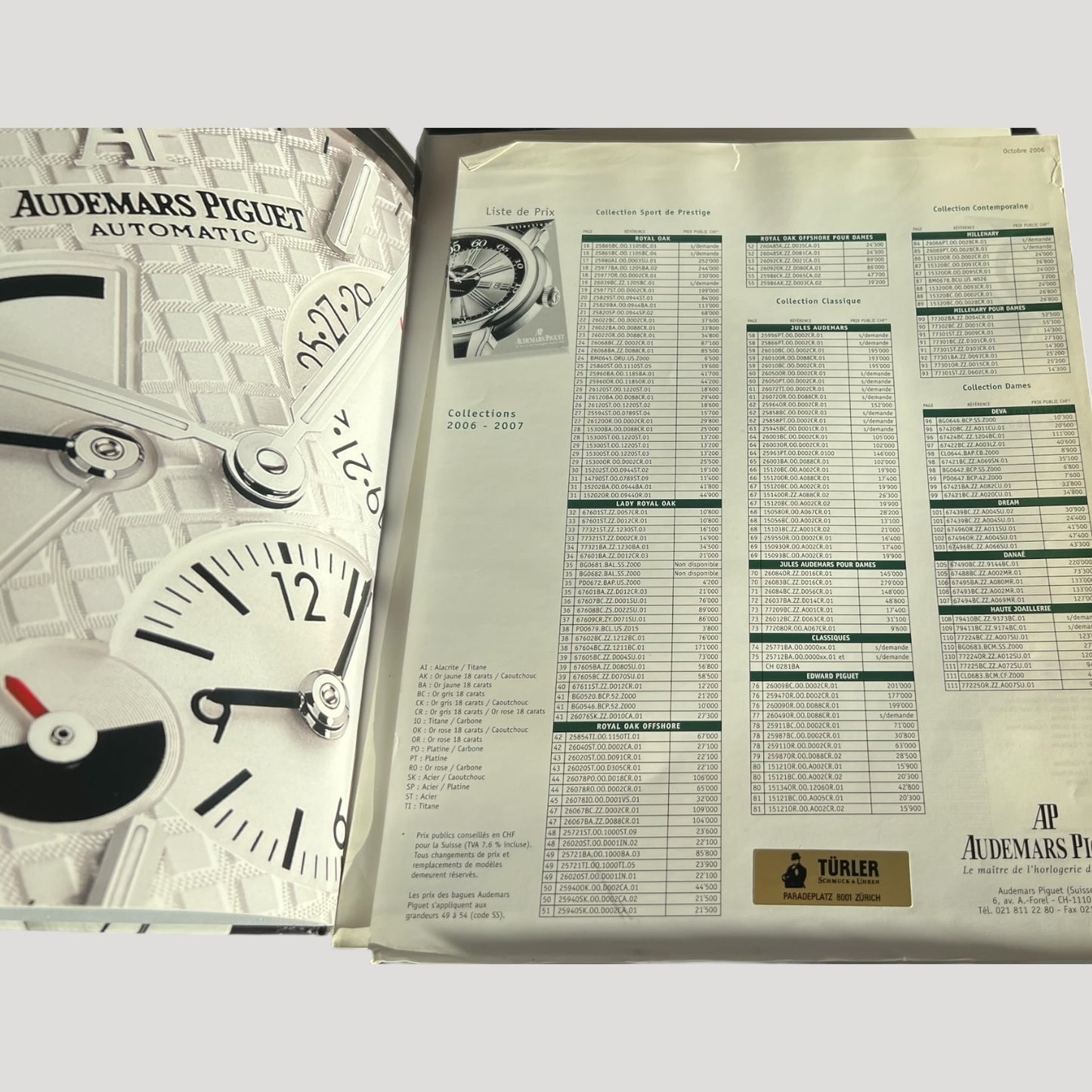 Audemars Catalog Catalogue Katalog Rare Collection 2006-2007 with Türler price list