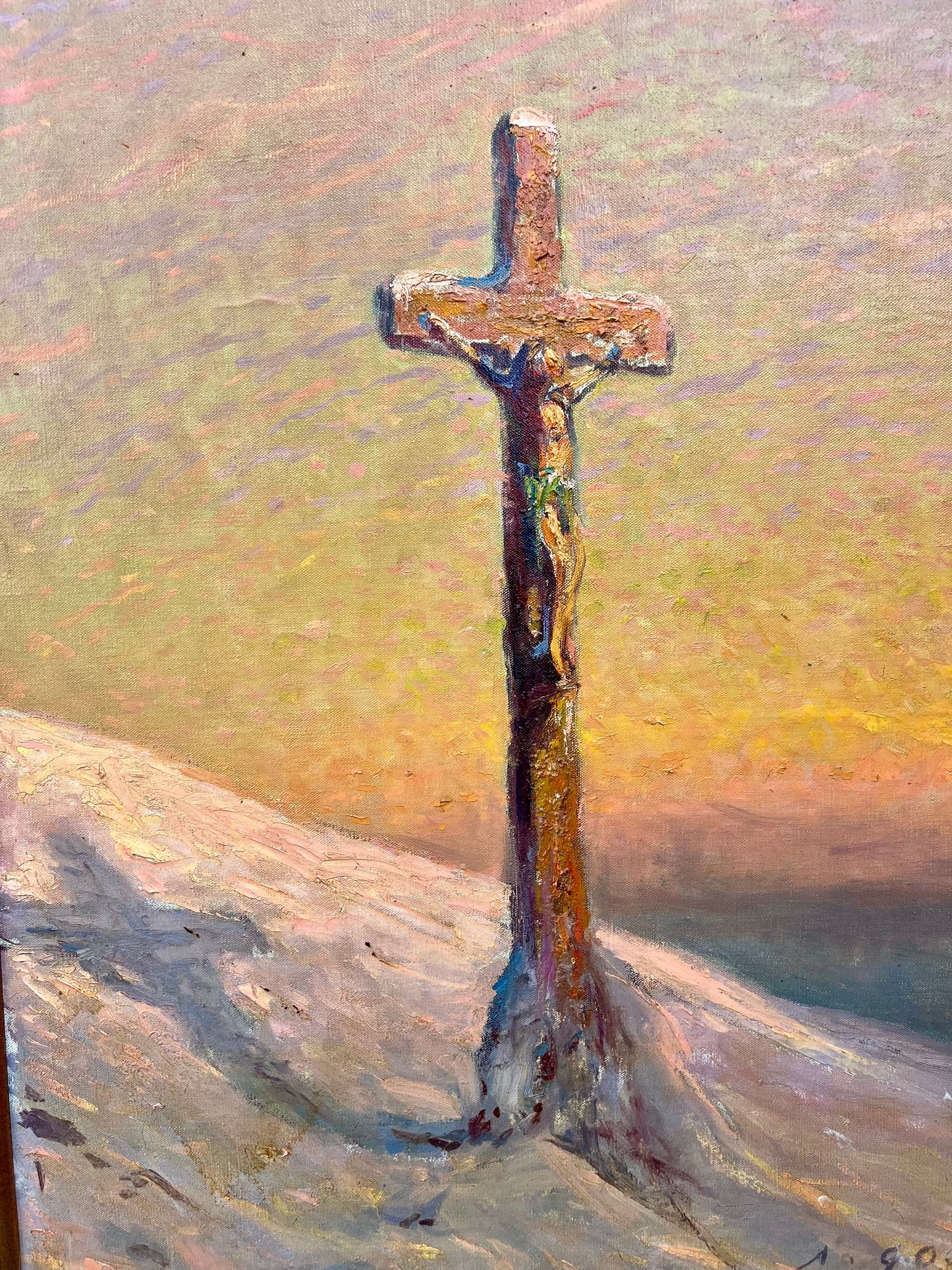 Albert Gos Signed Important Large Painting Tableau Gemälde,  'Croix de calvaire enneigée'