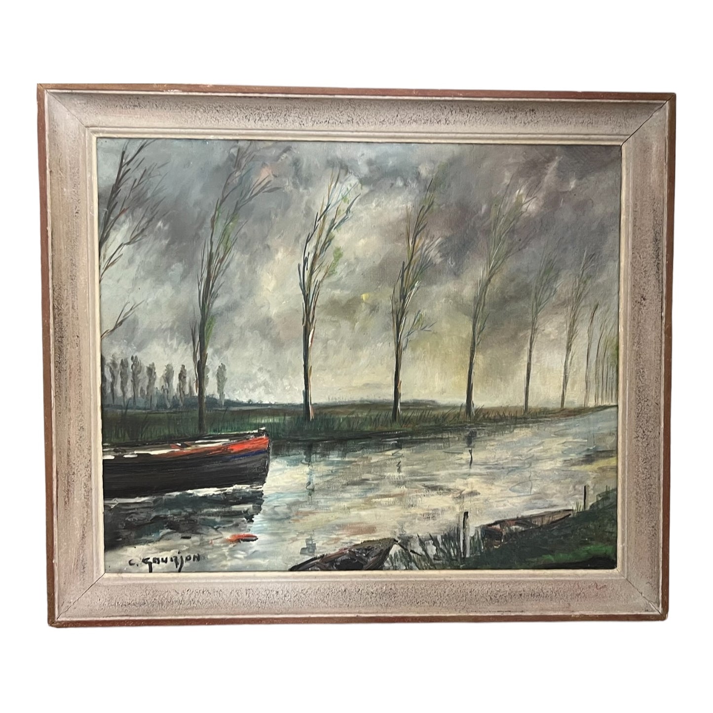 Gourjon Signed Painting / Tableau / Gemälde mid-20th c, ' Canal du Nord'