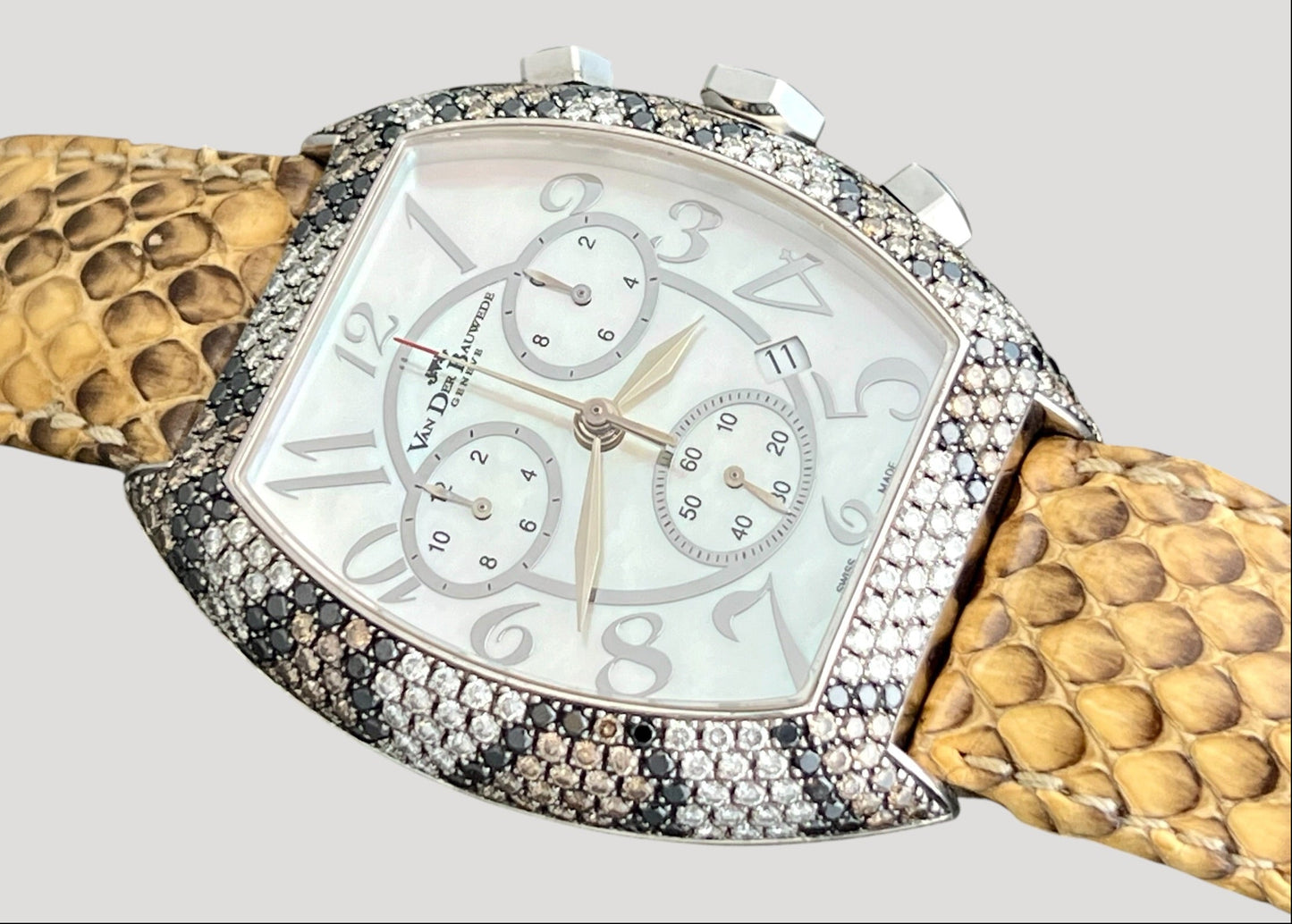 Van der Bauwede Magnum Commander Chronograph Silver Watch set with Cognac, White and Black Diamonds