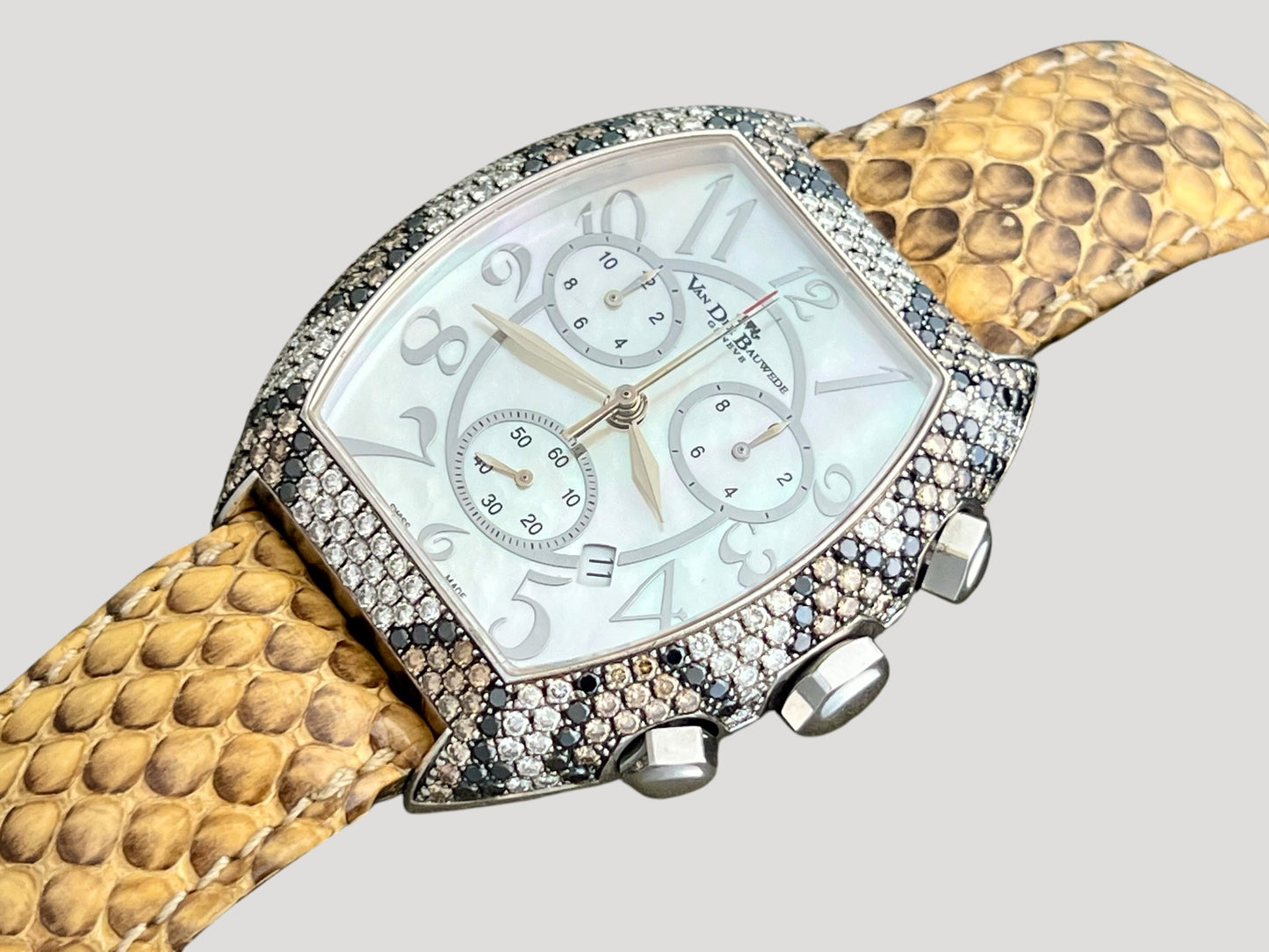 Van der Bauwede Magnum Commander Chronograph Silver Watch set with Cognac, White and Black Diamonds