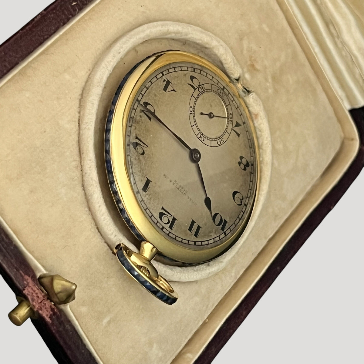 Haas Neveux Genève Art Deco 18k Gold Pocket Watch / Taschenuhr / Montre de poche set with sapphires ca 1920