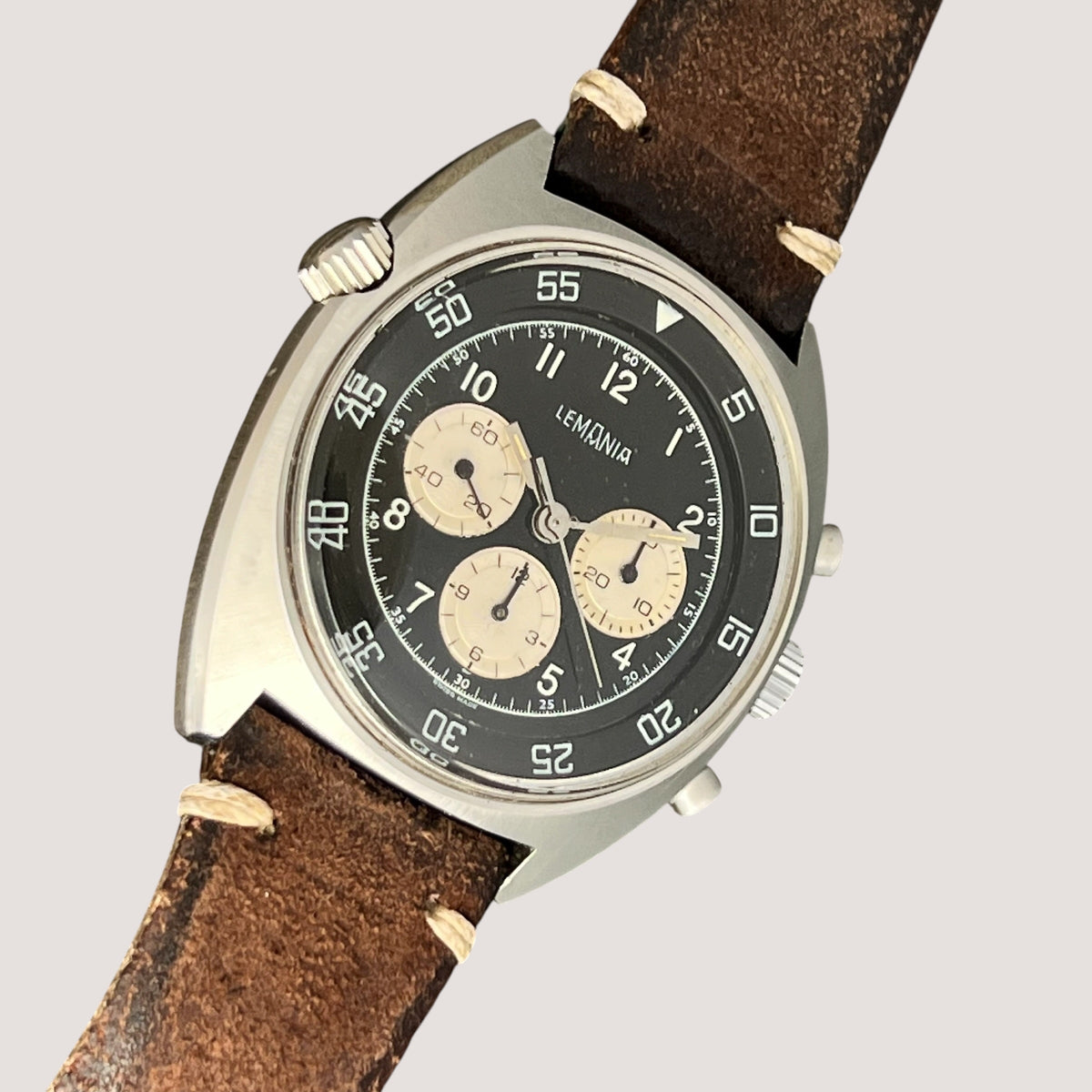 Lemania Vintage Inverted Panda Chronograph Watch Rare
