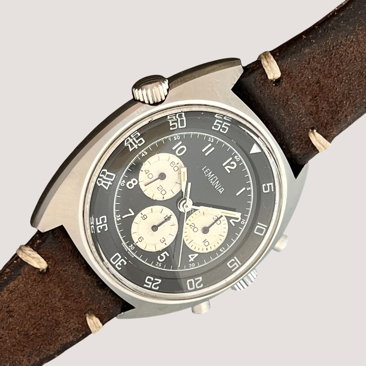 Lemania Vintage Inverted Panda Chronograph Watch Rare