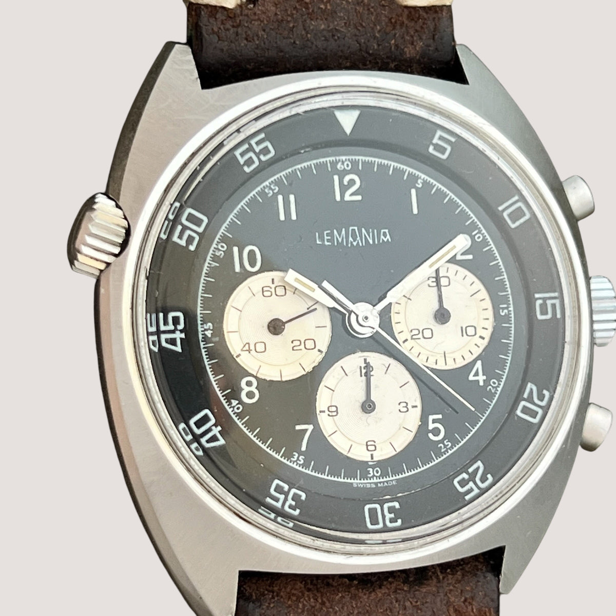 Lemania Vintage Inverted Panda Chronograph Watch Rare
