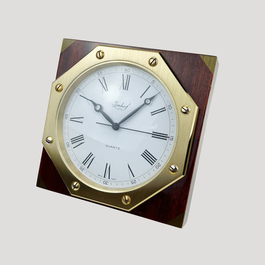 Imhof Swiss Wood & Gold Plated Metal Desk Clock / Horloge / Tischuhr