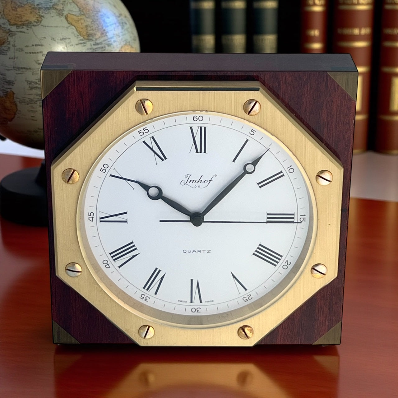 Imhof Swiss Wood & Gold Plated Metal Desk Clock / Horloge / Tischuhr