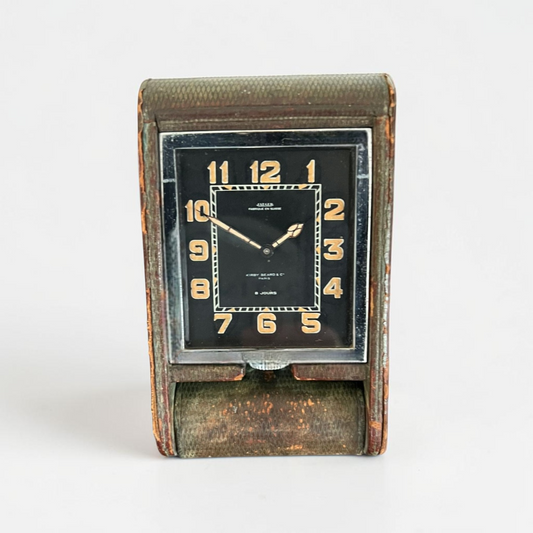 Jaeger-LeCoultre Ados double signed Jaeger and Kirby Beard & Co Vintage Table Clock/ Tischuhr/ Horloge 8 Days, Patina Dial 'Rare Collector'