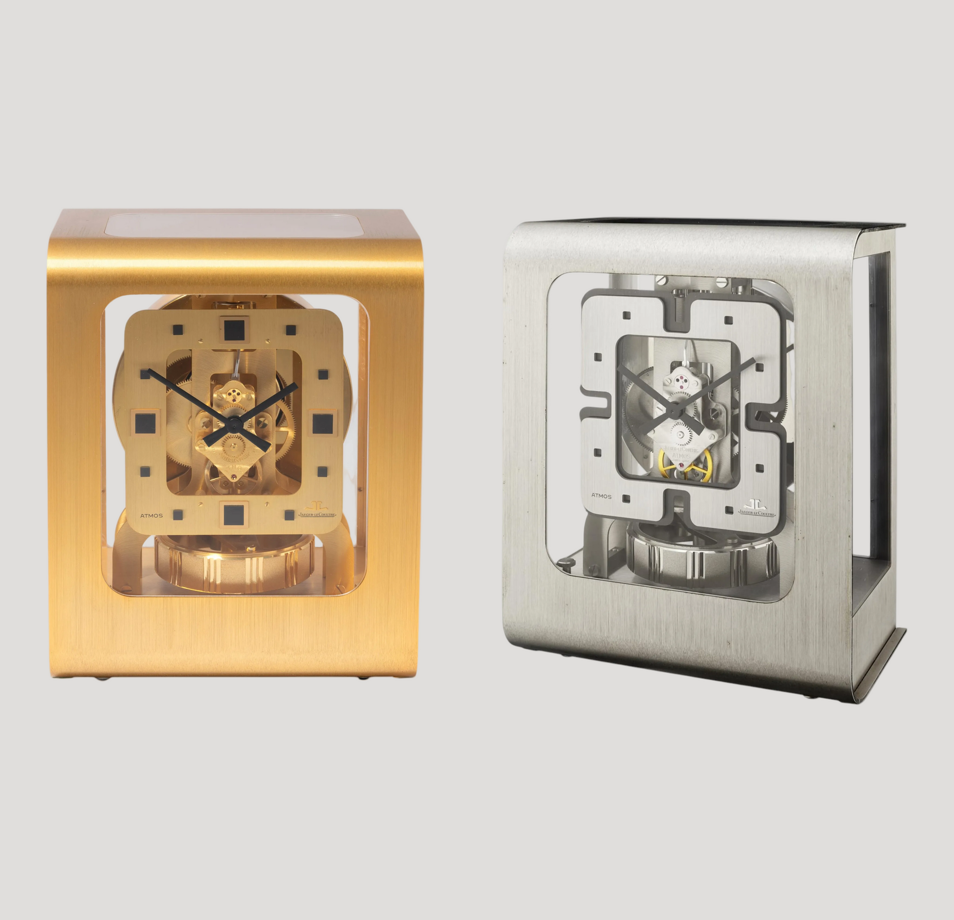 Jaeger-LeCoultre Collection of 2 Vintage Atmos "Luigi Colani" ca 1975 in stel. and gilt brass