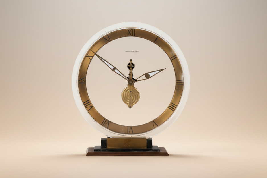 Jaeger LeCoultre desk clock with transparent dial & visible skeleton movement