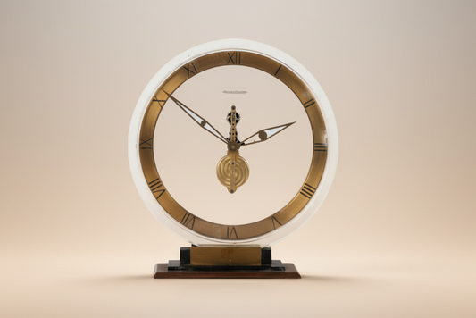 Jaeger LeCoultre desk clock with transparent dial & visible skeleton movement
