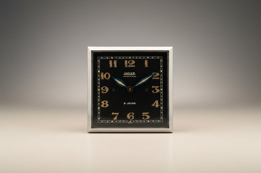 Jaeger Vintage 8 days manual wind black matte patina dial desk clock / horloge / tishuhr