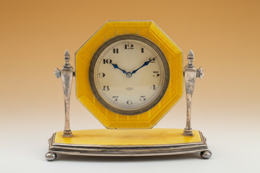 James Griffiths Art Deco sterling silver enameled table clock H 10 cm Rare