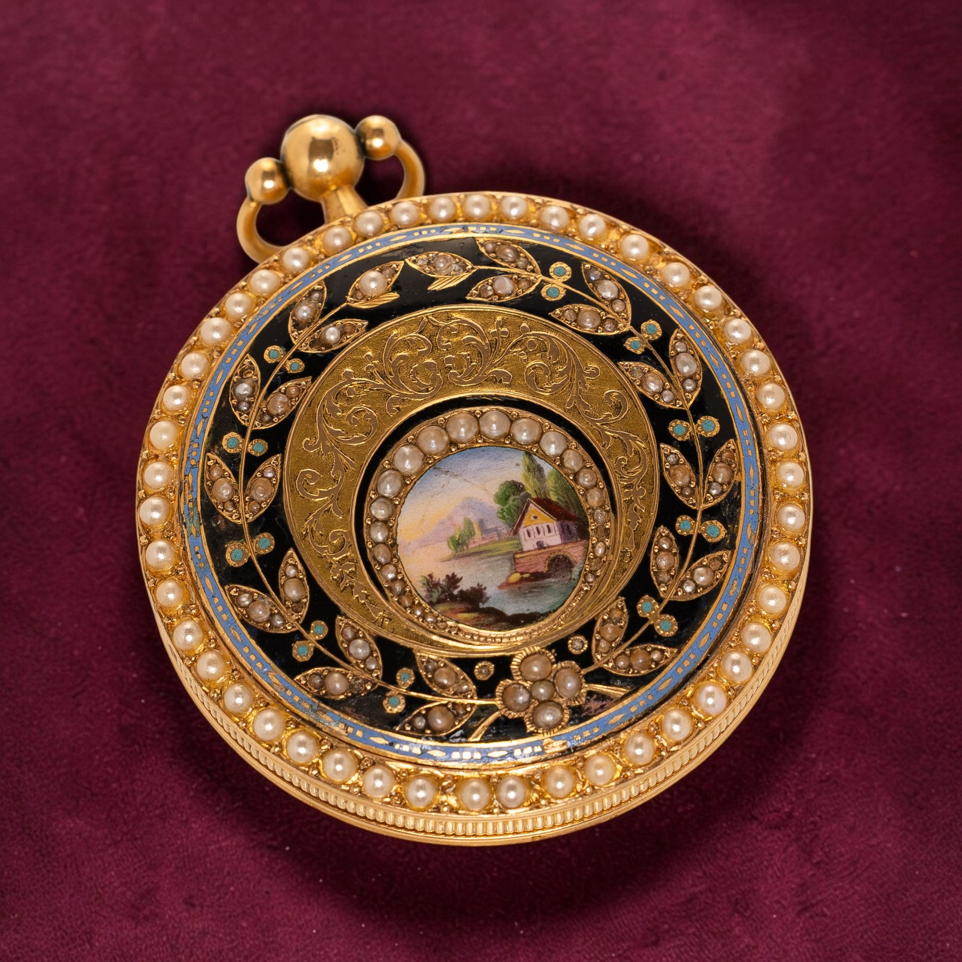 “Lake Thun with Mount Niesen”  Guilloché 18k Gold & Pearls open-face pocket watch 1800' Rare Collector