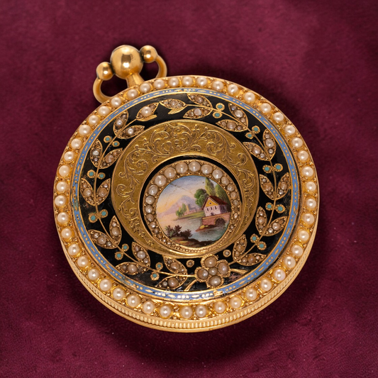“Lake Thun with Mount Niesen”  Guilloché 18k Gold & Pearls open-face pocket watch 1800' Rare Collector