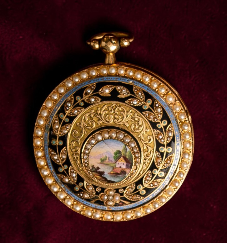 “Lake Thun with Mount Niesen”  Guilloché 18k Gold & Pearls open-face pocket watch 1800' Rare Collector