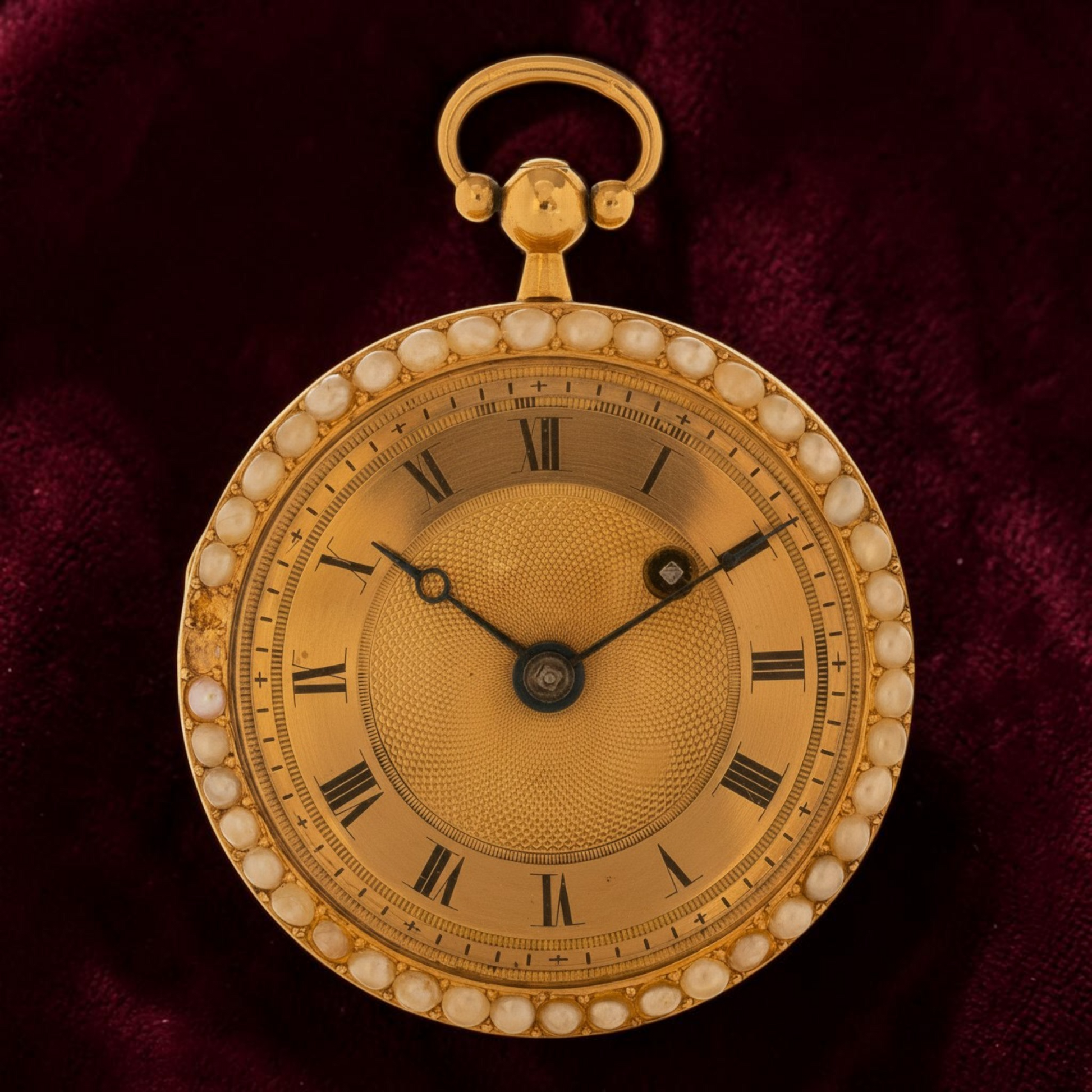 “Lake Thun with Mount Niesen”  Guilloché 18k Gold & Pearls open-face pocket watch 1800' Rare Collector