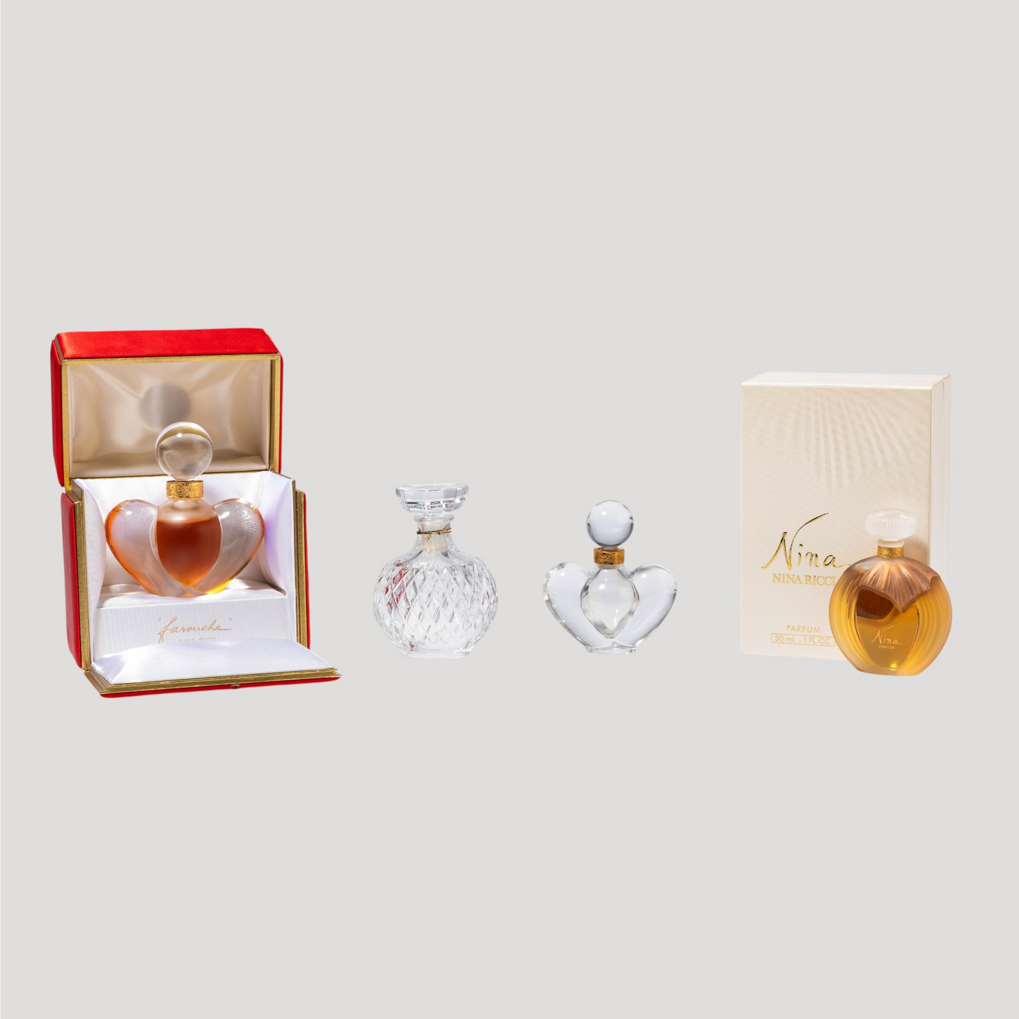 Lalique For Nina Ricci, 4 Bottles Of “Nina,” “Farouche,” And “Capricci Collector Perfumes Artworks
