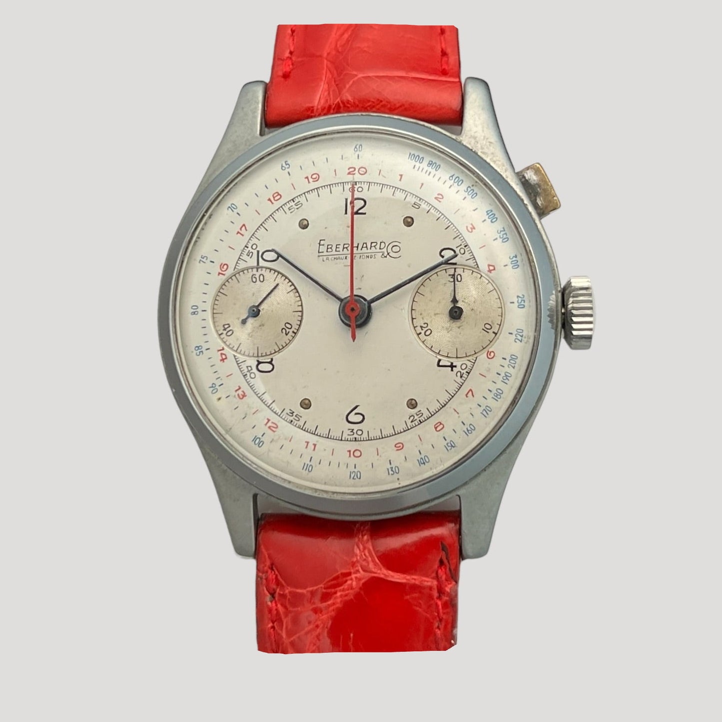 Large Eberhard vintage push-button chronograph Valjoux 65 steel watch 1940'