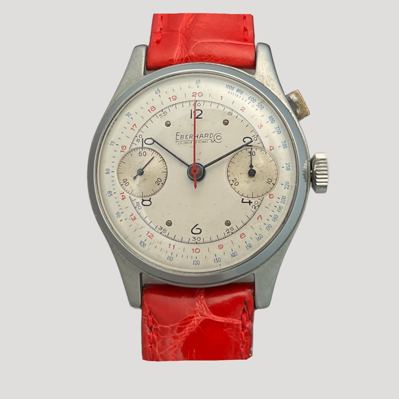Large Eberhard vintage push-button chronograph Valjoux 65 steel watch 1940'