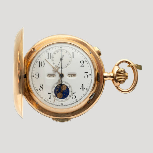 Le Phare (C. BARBEZAT-BAILLOT) Gold Quarter Repeater on bells Chronograph Triple Calendar Pocket Watch ca 1900