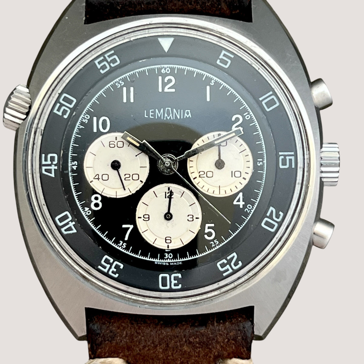 Lemania Vintage Inverted Panda Chronograph Watch Rare