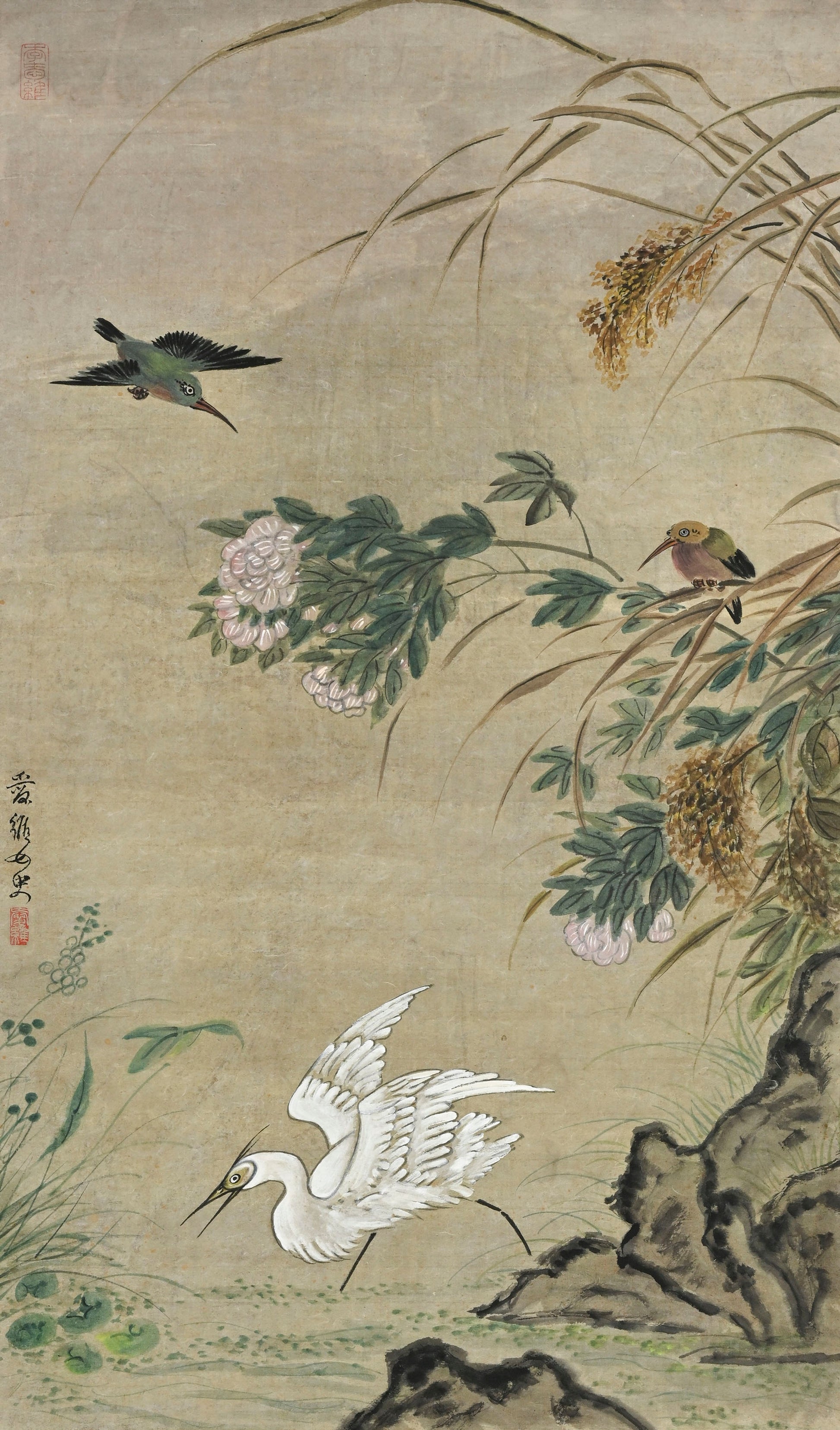 Li Ai Vee (1932–2021), Heron and Kingfishers, Painting on paper, 20th–21st century