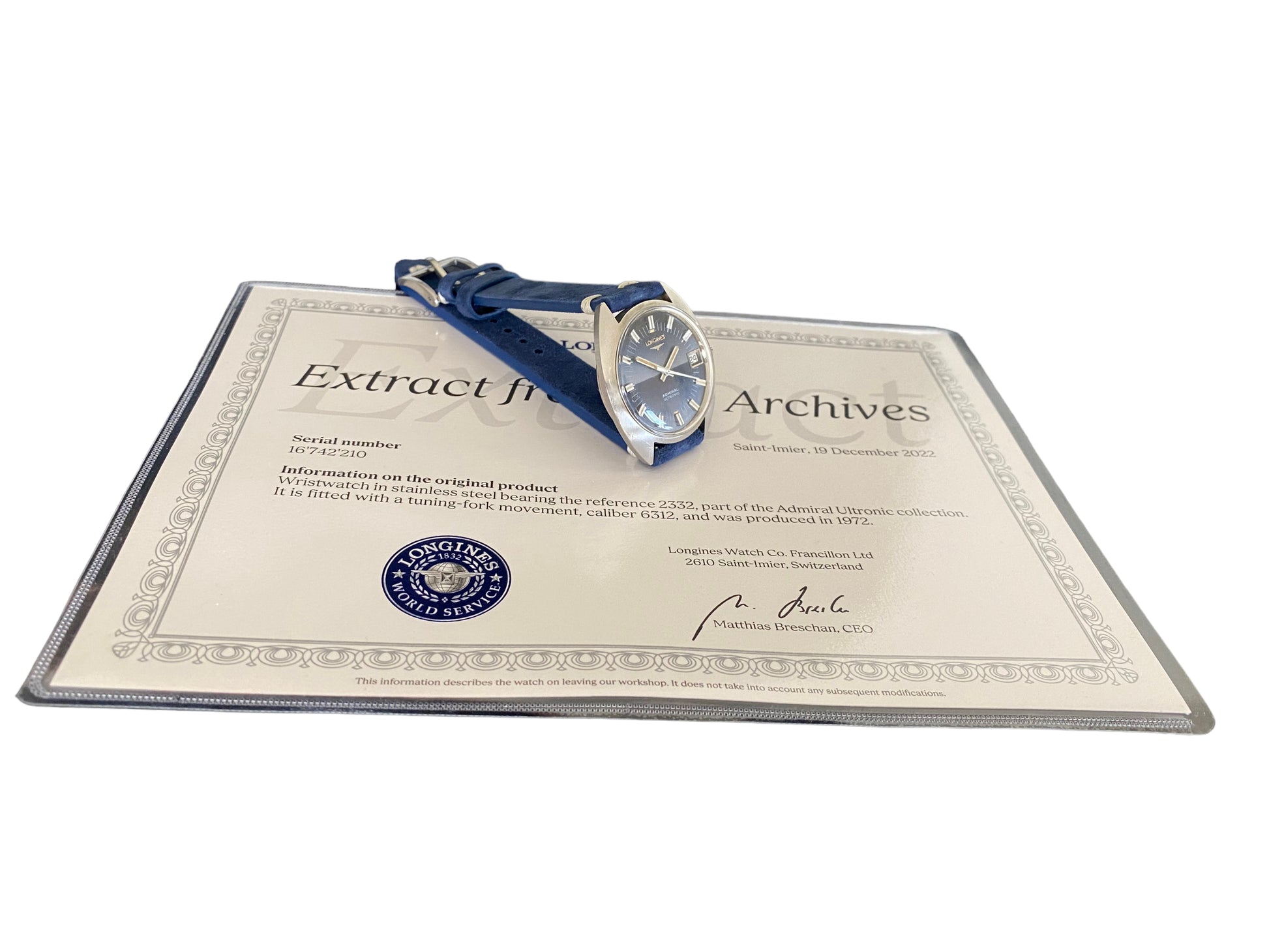 Longines Admiral Ultronic Vintage Ref. 2332 Blue Dial Archives extract