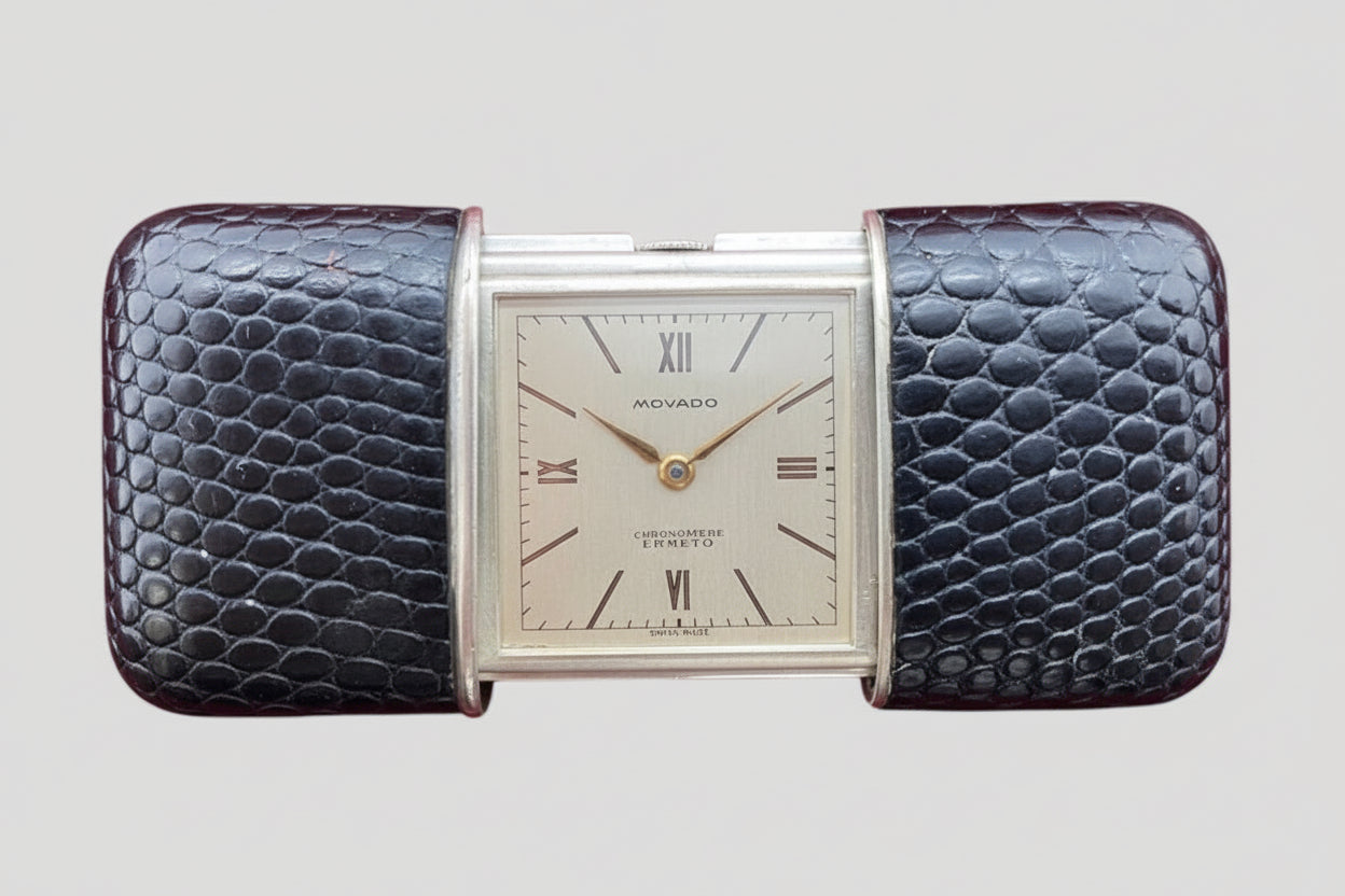 Movado Art Deco Swiss Silver  & Exotique Lizard  Leather Desk Clock early 20c