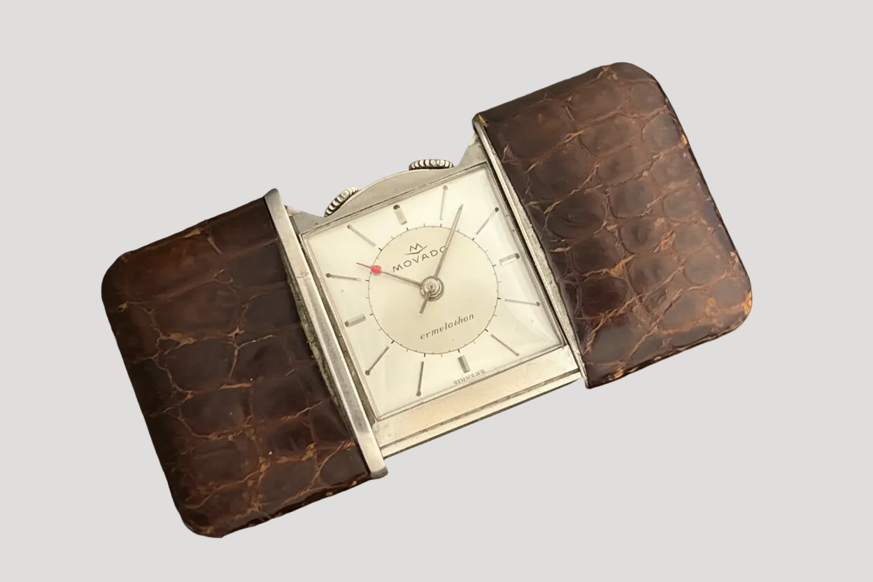 Movado Art Deco Swiss Silver  & Exotique Python Leather Desk Clock early 20c