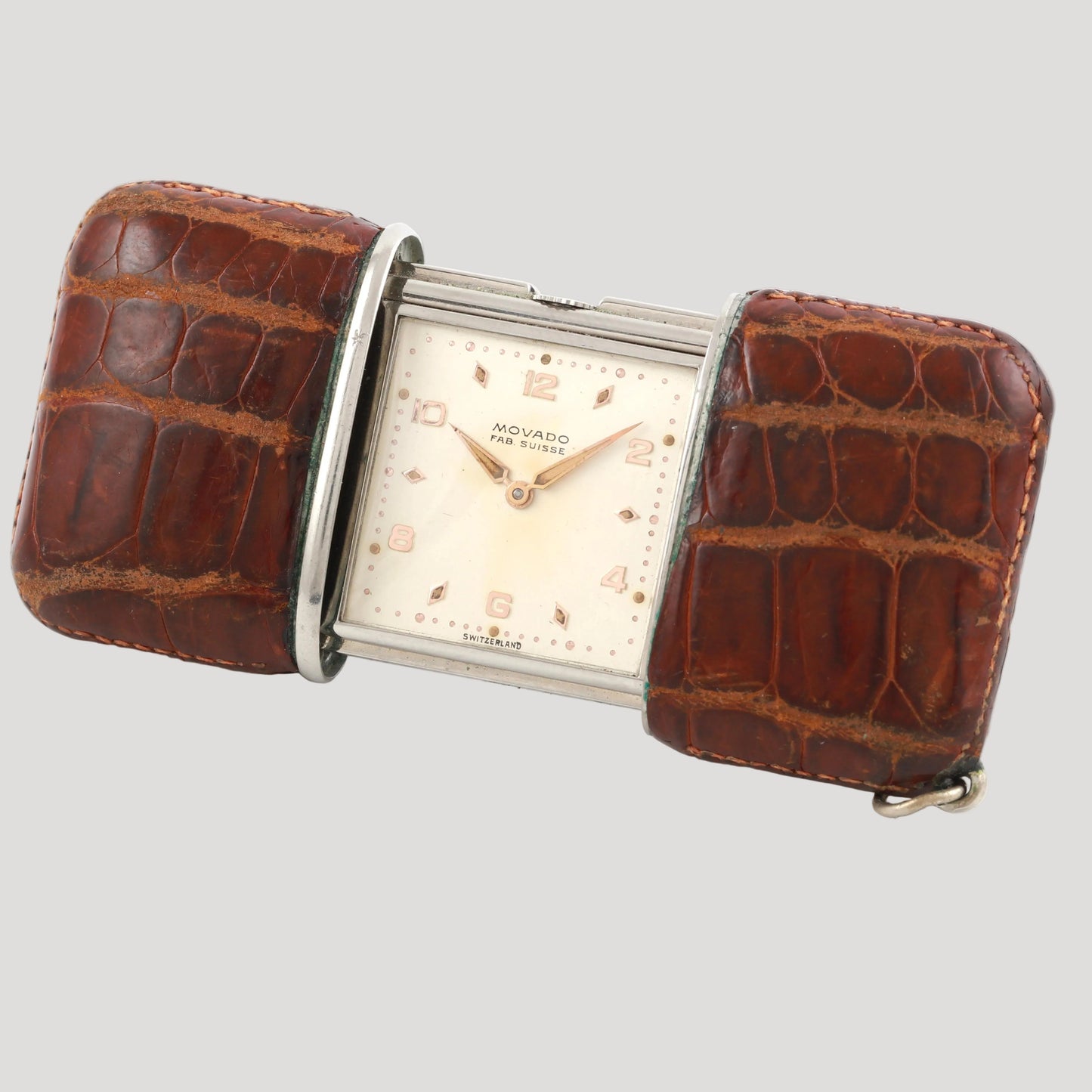 Movado Ermeto  Art Deco Swiss Silver  & Exotique Croco Leather Desk Clock early 20c