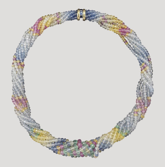 Multi-row Necklace / Collier of sapphire pearls, colored sapphires, and faceted emeralds