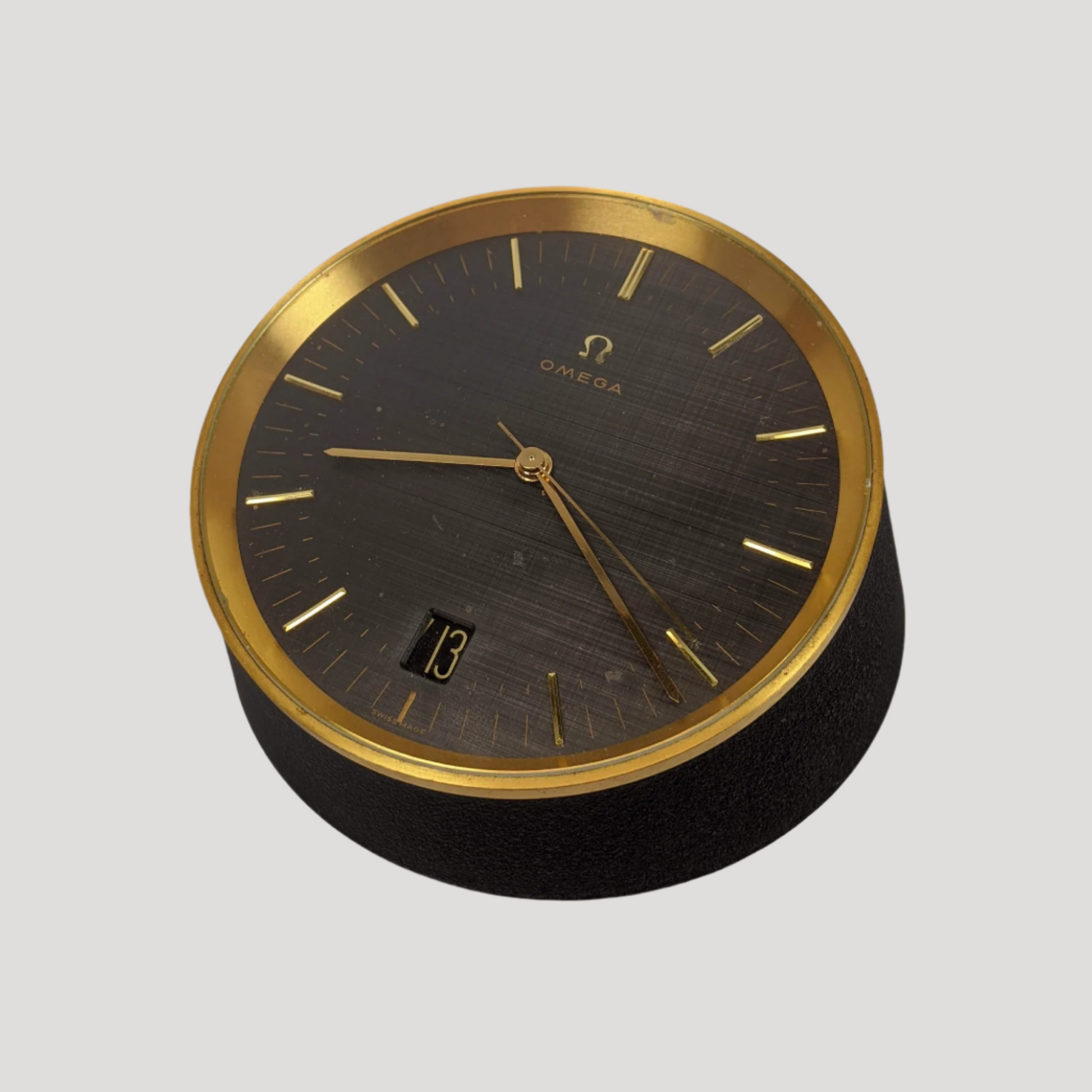 Omega, Modernist Brass & Black Metal Table clock