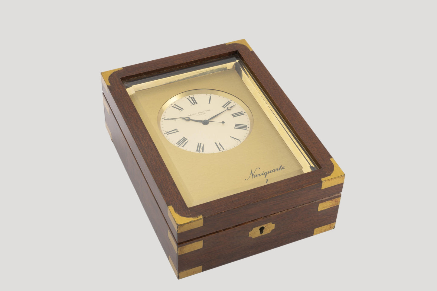 Patek Philippe Naviquartz Table clock in its original Patek mahogany case Ref.1208 Rare